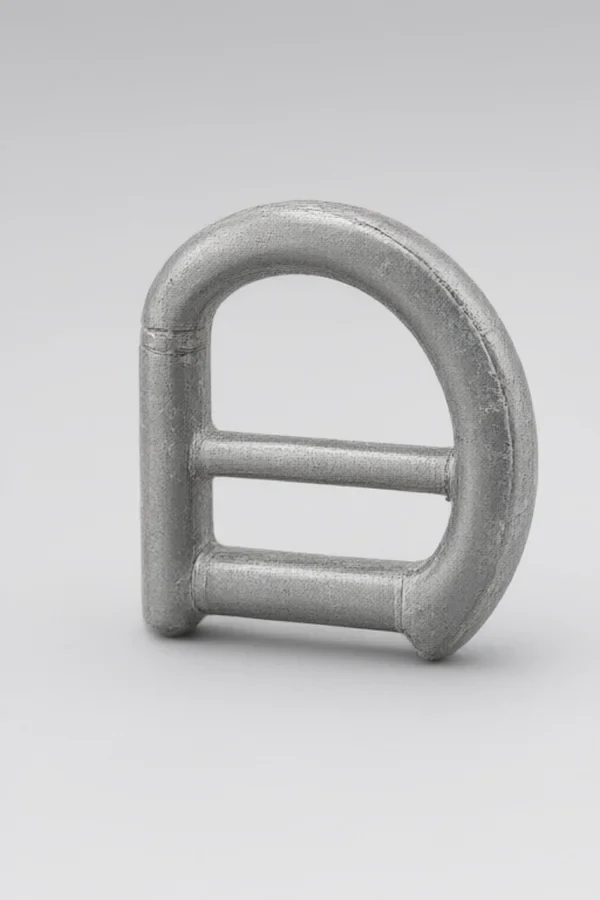 Raw die-cast Zinc Alloy D-Ring before dewaxing and surface finishing - dull gray unplated surface