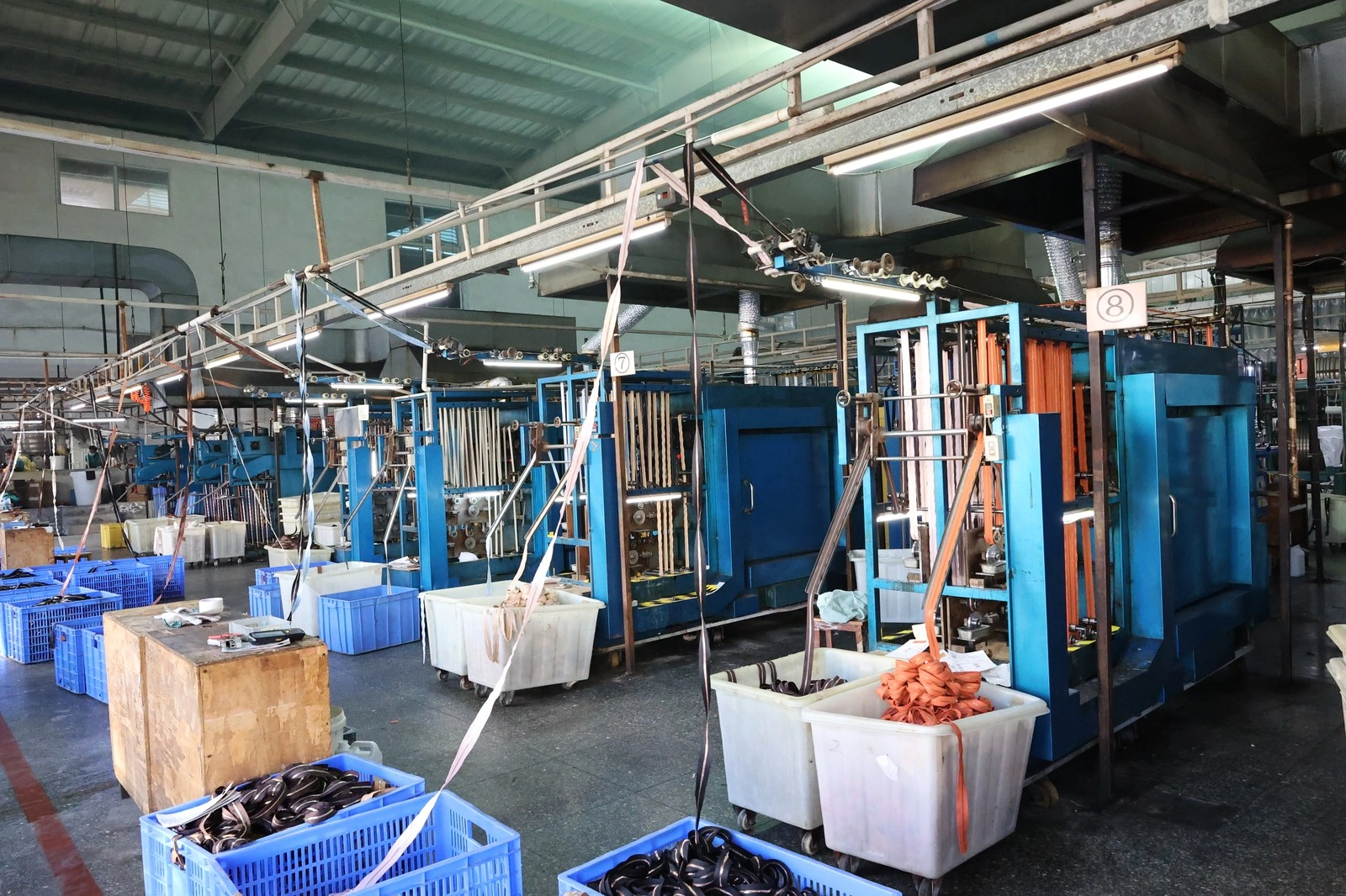 Rows of electroplating tanks used for chemical surface treatment
