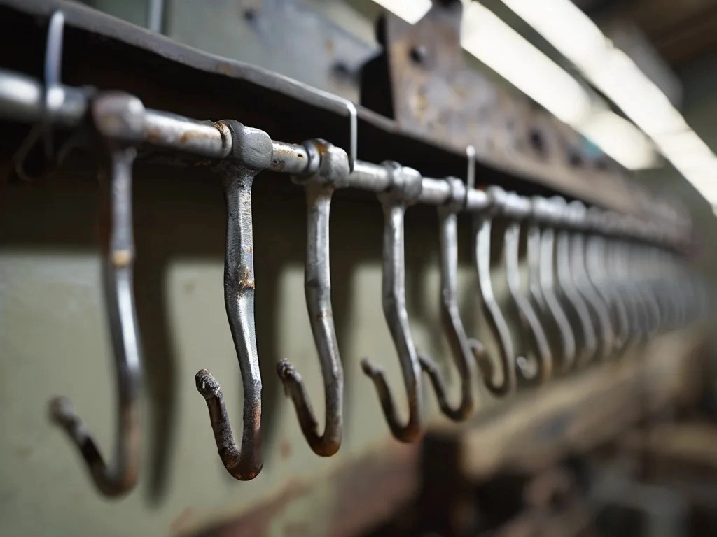 Hanging spray paint line with loaded racks for zipper pullers