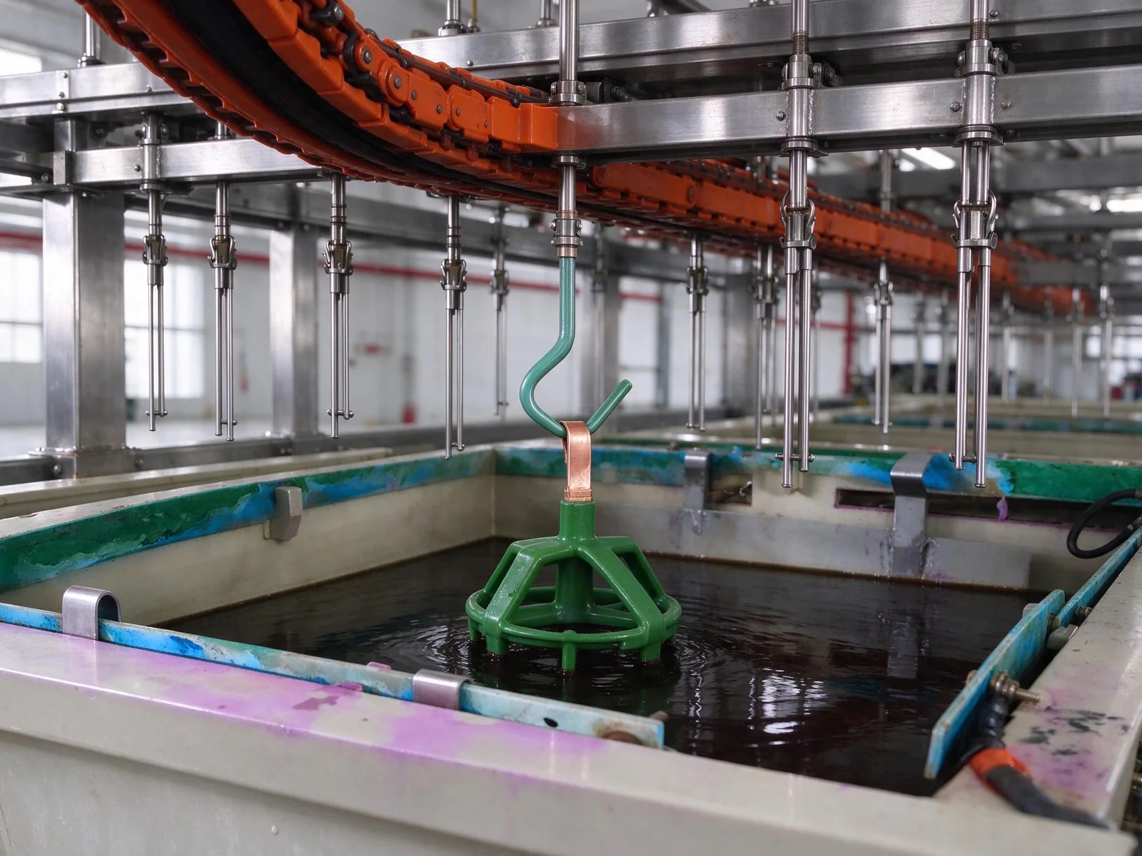 Industrial electrophoresis tank with hanging fixtures and green plastic racking immersed in dark liquid