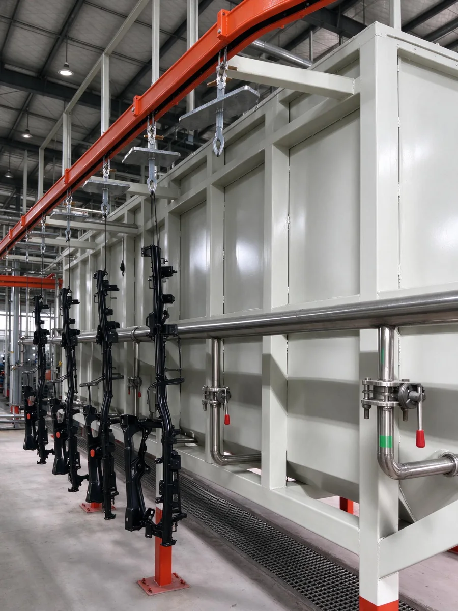 Industrial electrophoresis coating production line with large white tanks and black coated parts hanging on the conveyor.