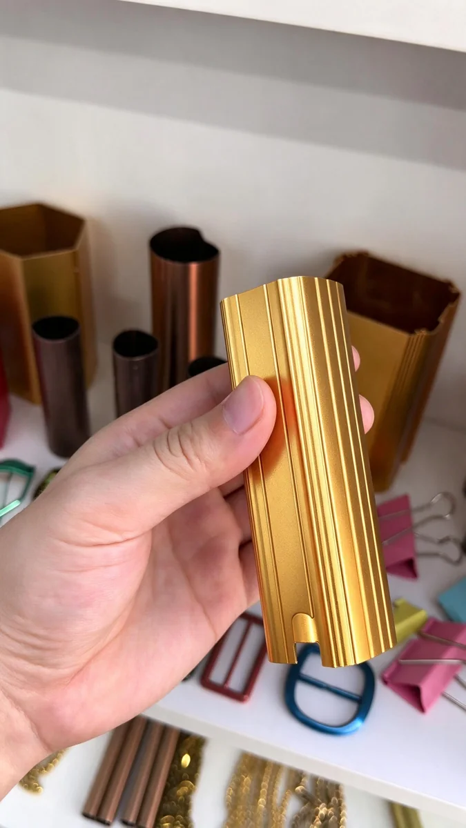 Hand holding a gold-colored aluminum profile with vertical grooves, displaying metallic finish and surface texture.