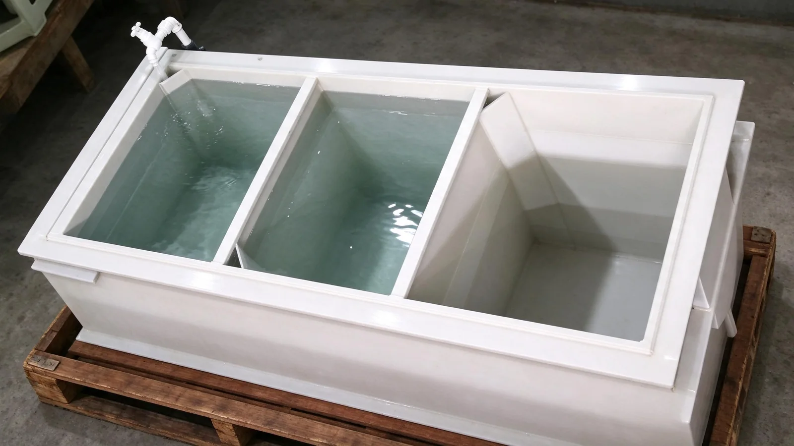White industrial multi-compartment plating rinse tank with water