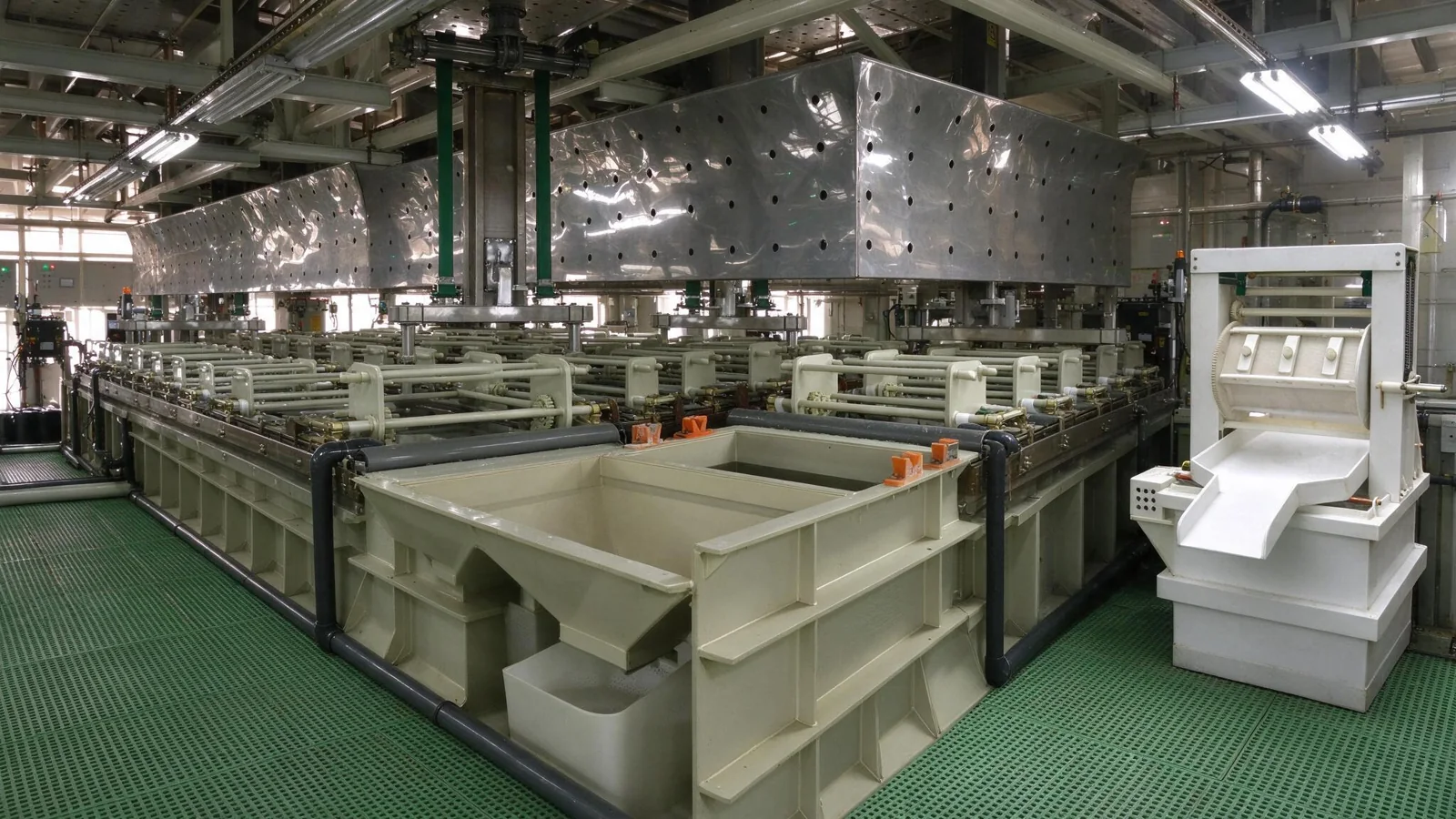Industrial automated barrel plating production line with white troughs and green floor grating