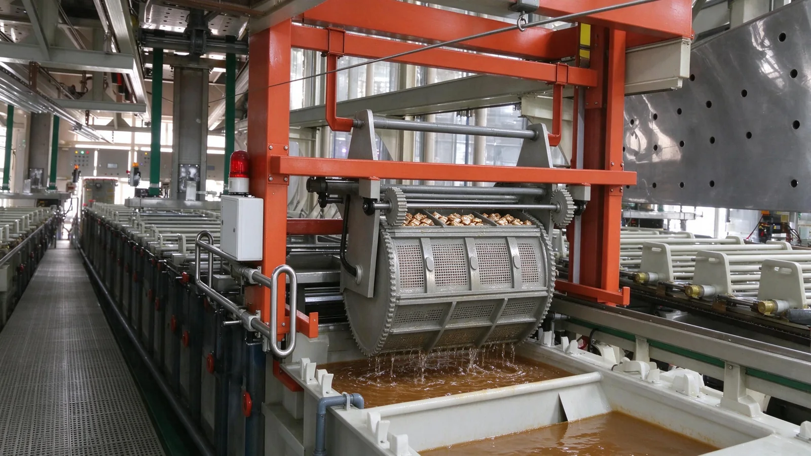 Industrial electroplating line with orange gantry lowering a gray mesh drum into a white tank.