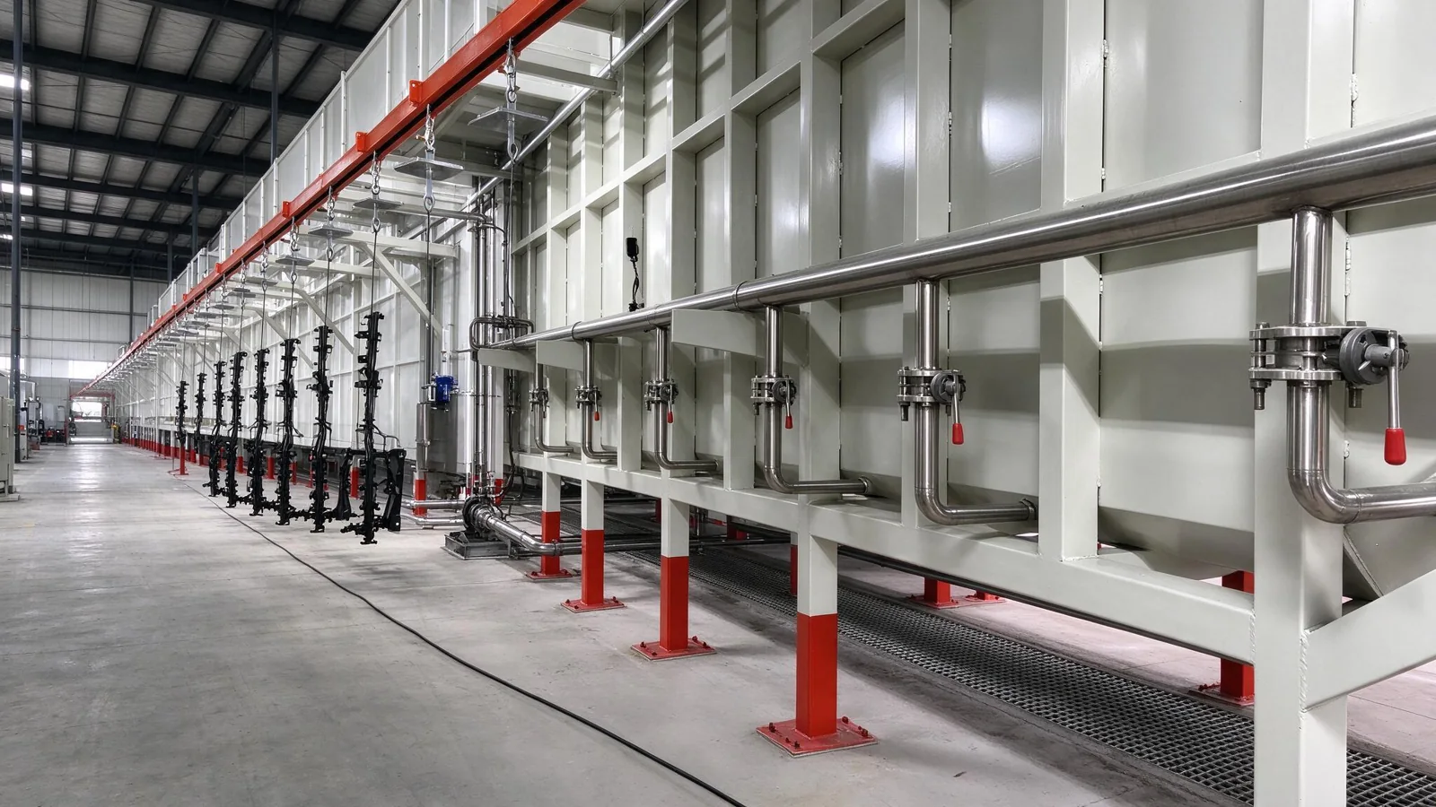 Modern indoor electrophoretic coating production line with overhead conveyor and processing tanks