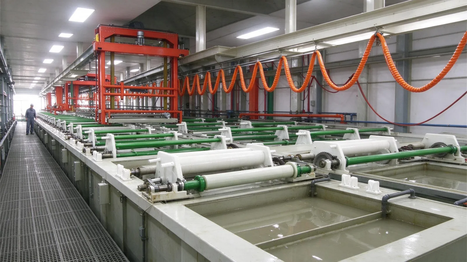 Industrial electroplating production line with parallel tanks and rotating drums in a factory workshop.