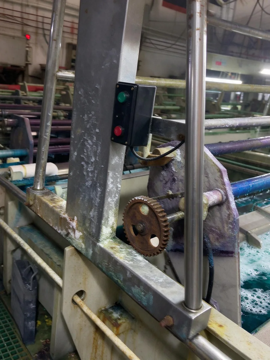 Industrial electroplating production line with metal rollers and gears in a factory setting.