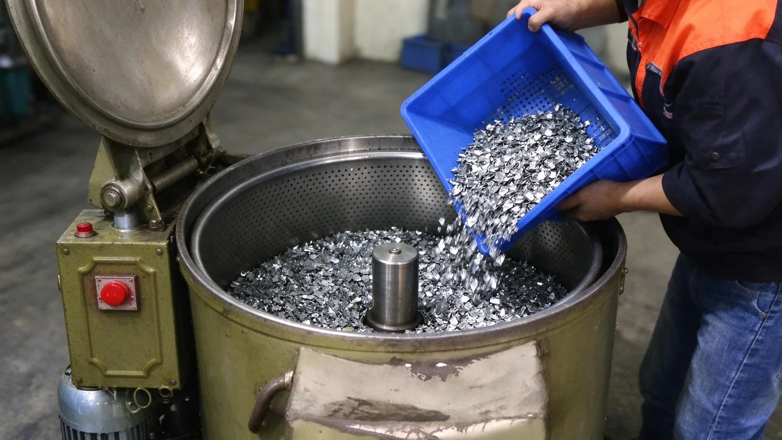 Industrial centrifugal dewatering machine processing metal flakes in a workshop setting.
