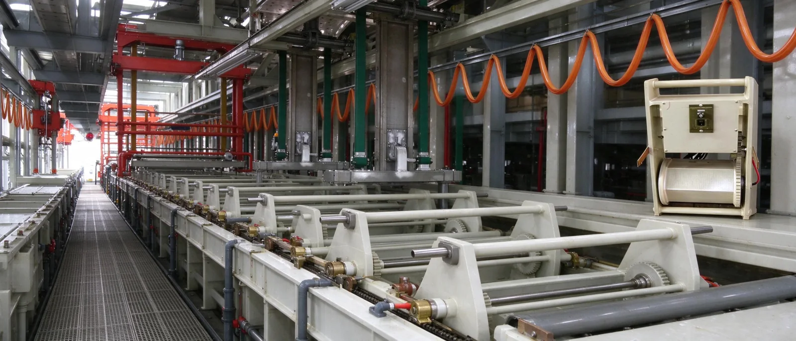 Industrial automated plating production line with white PVC cleaning tanks and mechanical transfer systems