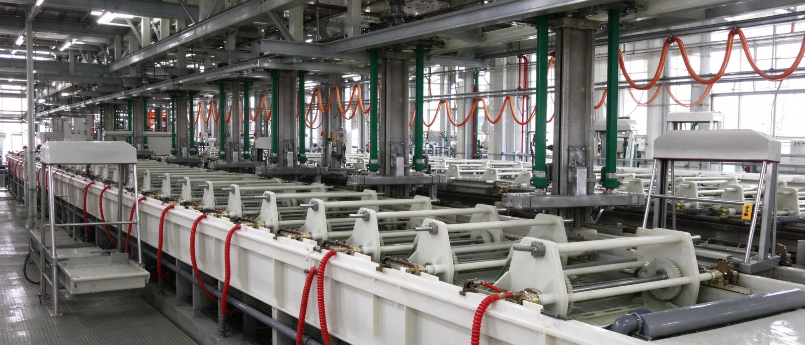 Industrial white plating tank assembly with metal frame and control panel