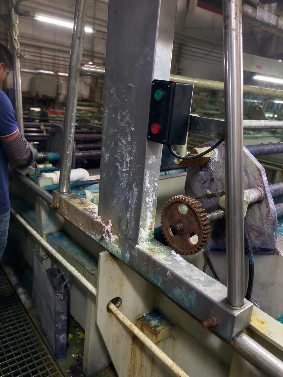Industrial roll plating production line with gear-driven drums and blue-green electrolyte solution in a factory setting.