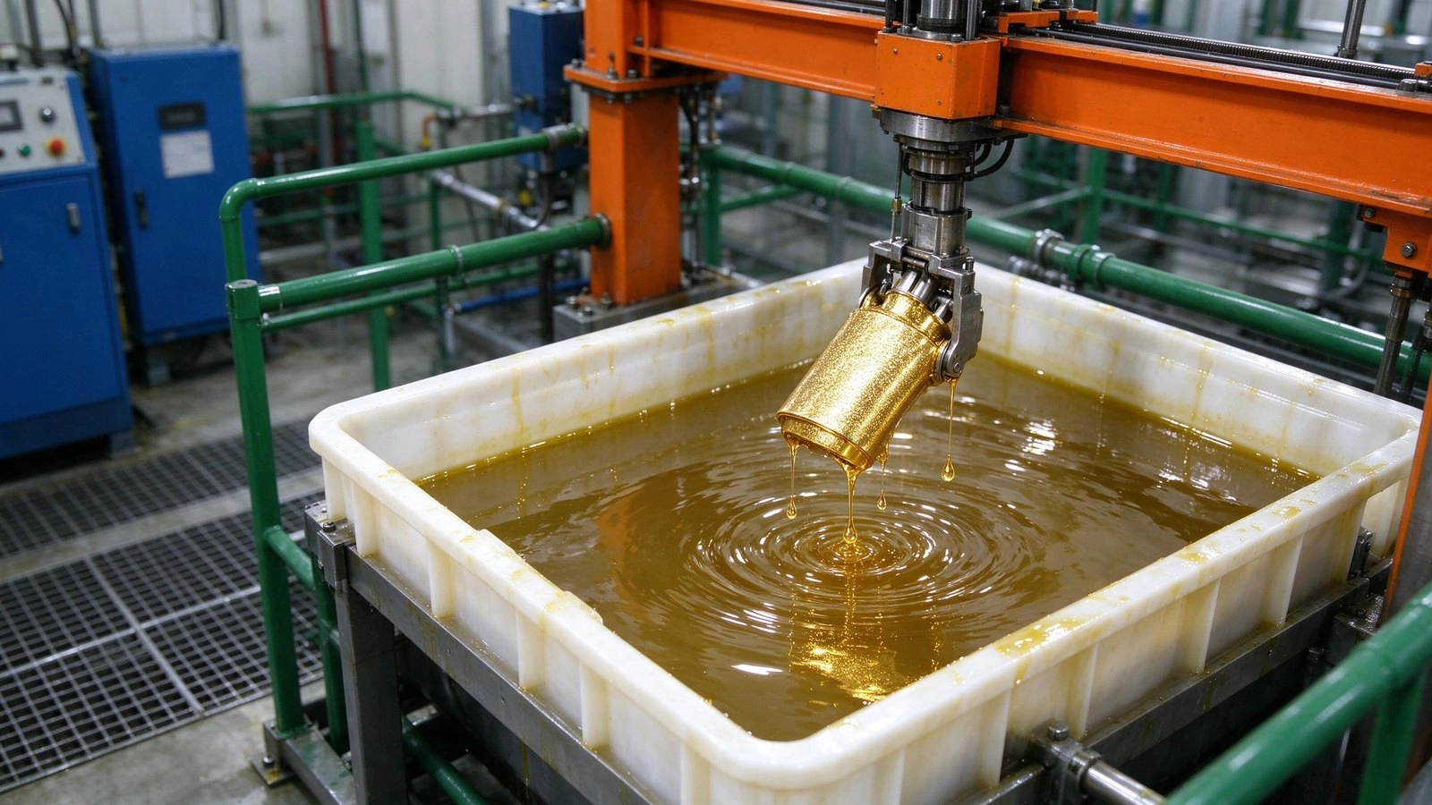 Gold flash plating: thin gold layer as parts leave the bath