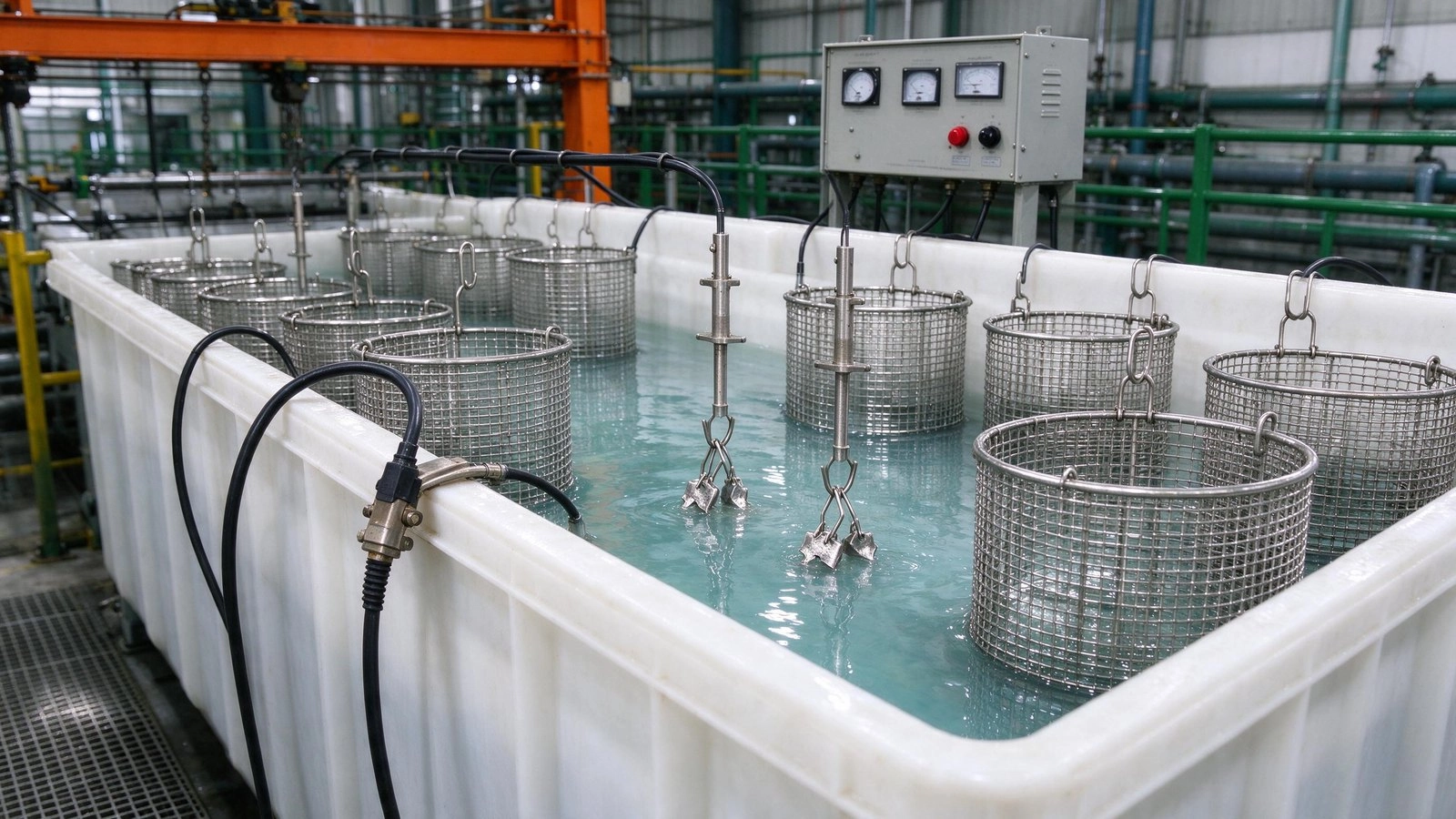 Electropolishing tank: zinc alloy parts with titanium baskets and DC rectifier