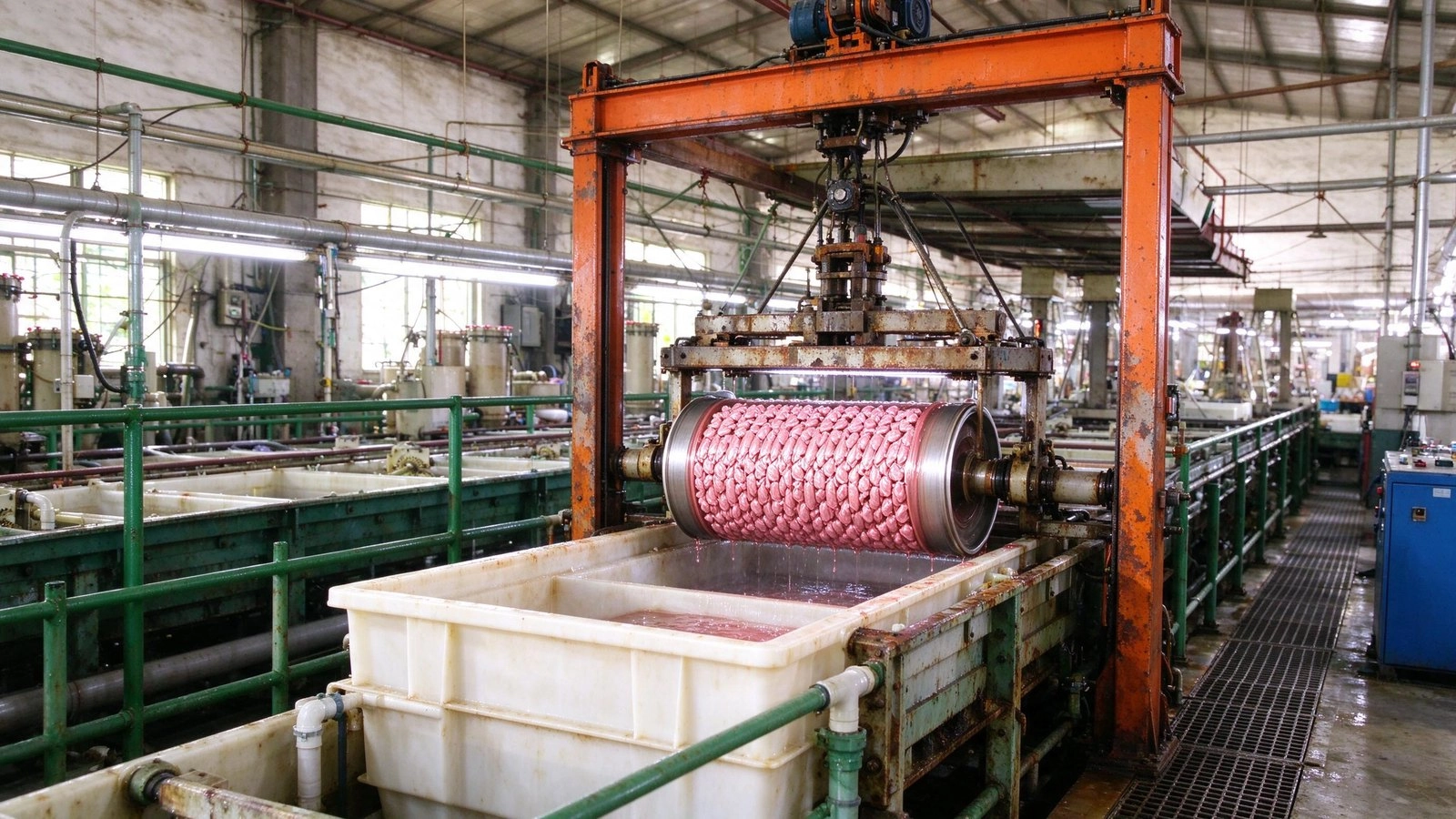 Alkaline copper barrel lifted from the tank