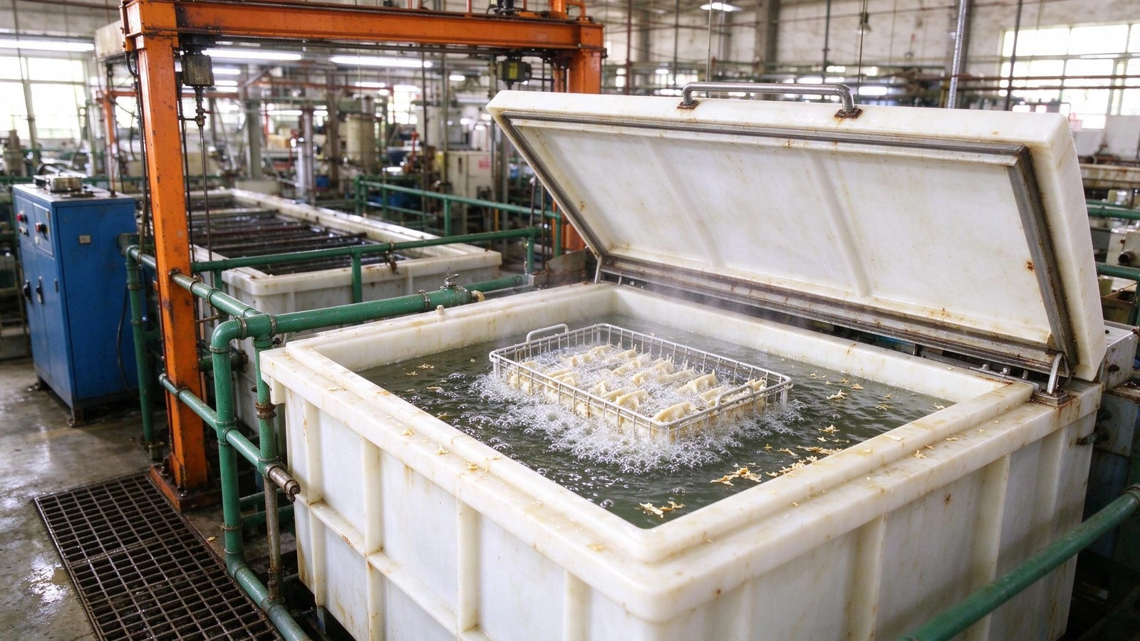 Ultrasonic wax removal tank with bubbling basket