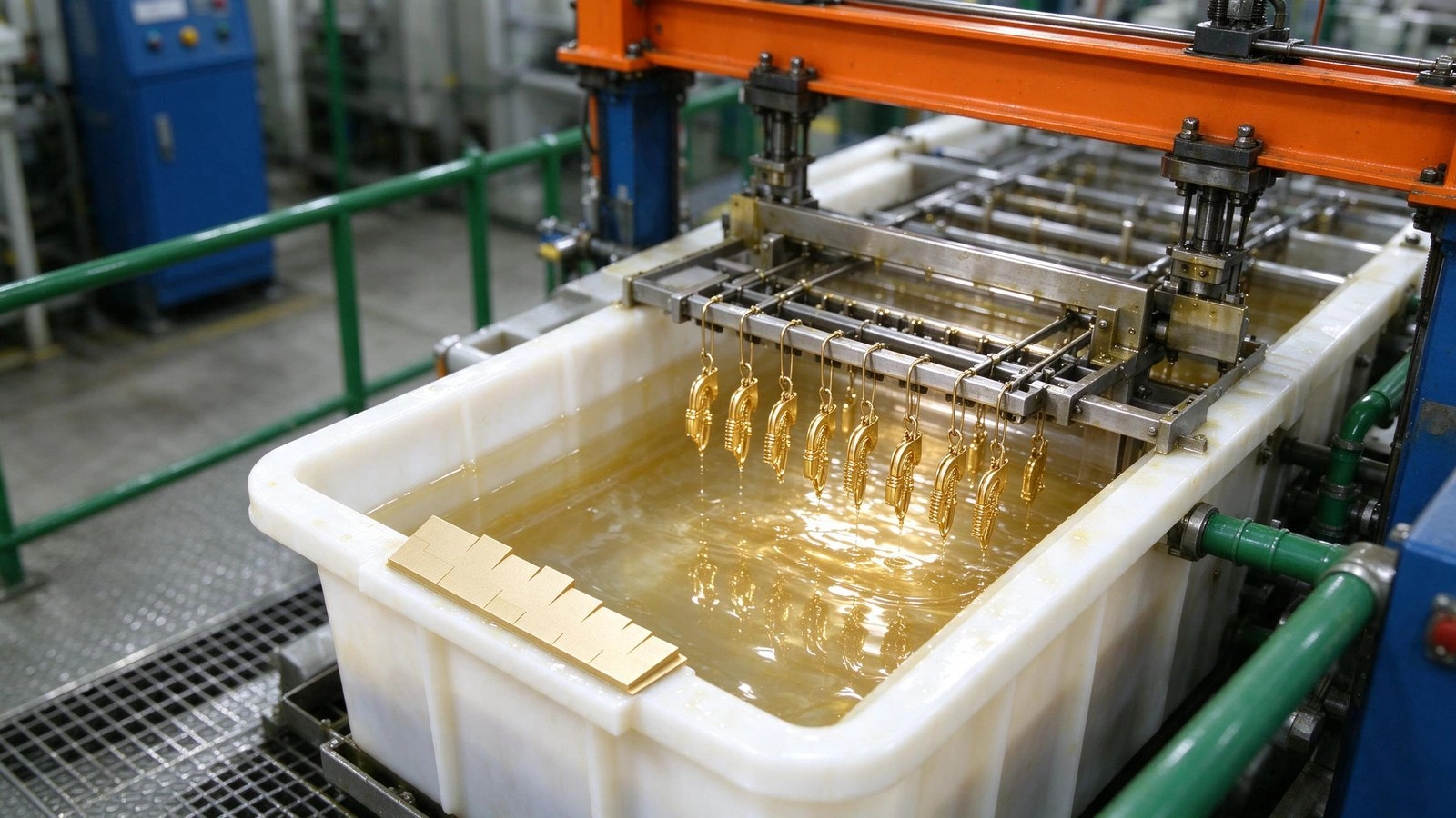 Industrial gold plating: 18K and 14K color shades on racks