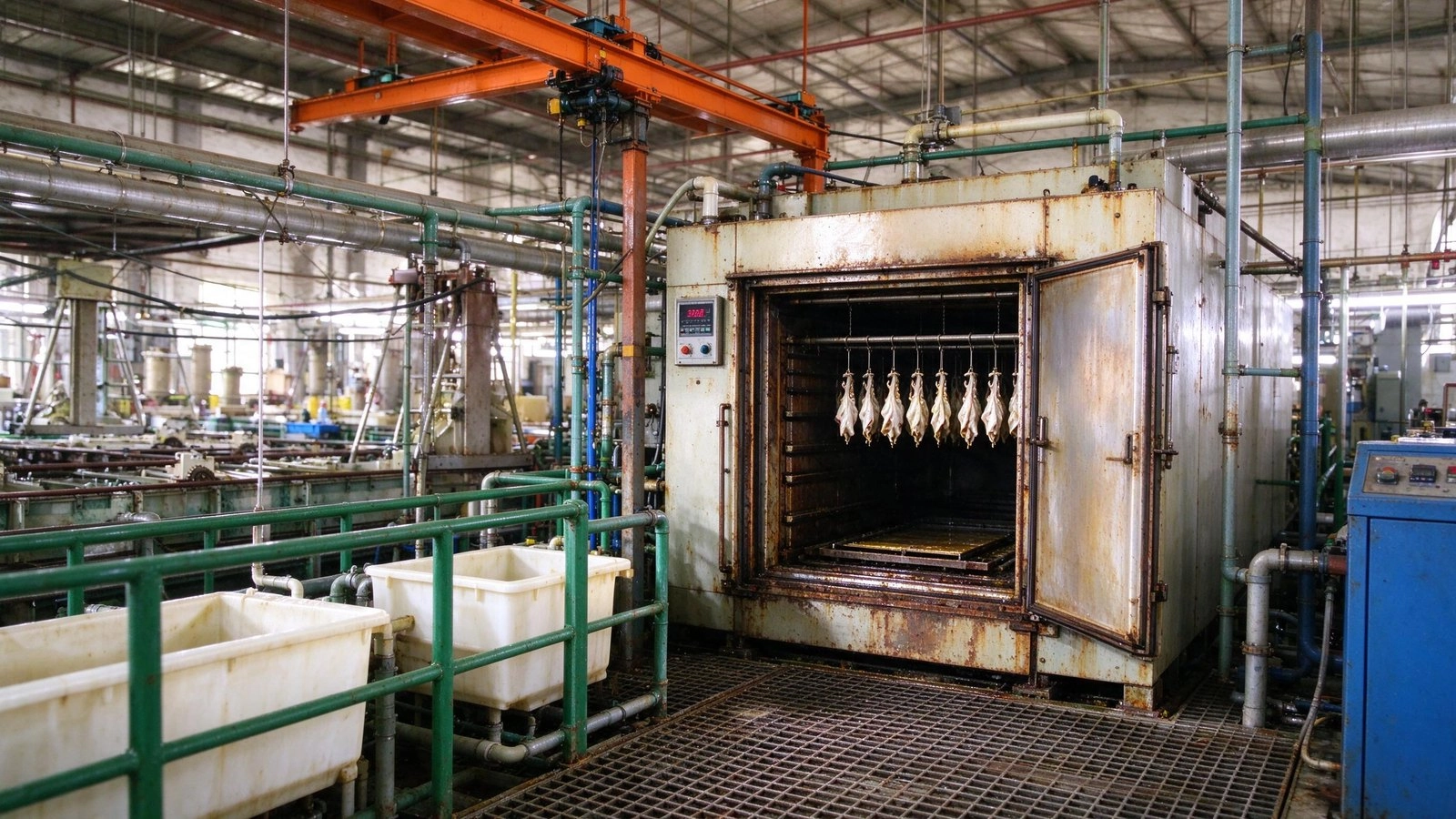 Curing oven door open showing hanging parts