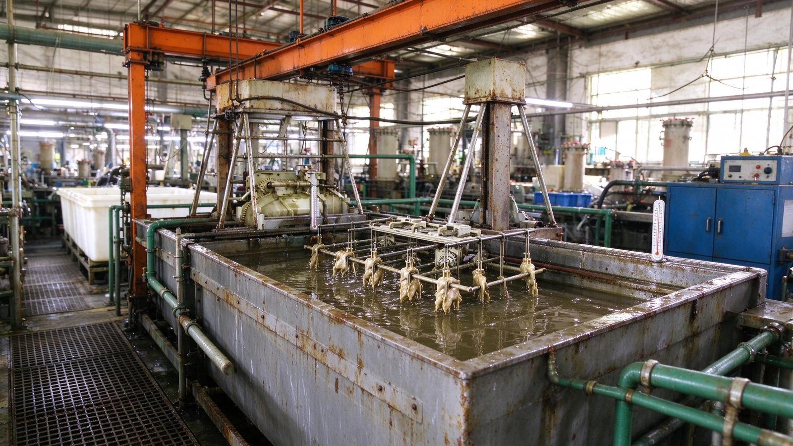 Phosphating tank with racked parts immersed