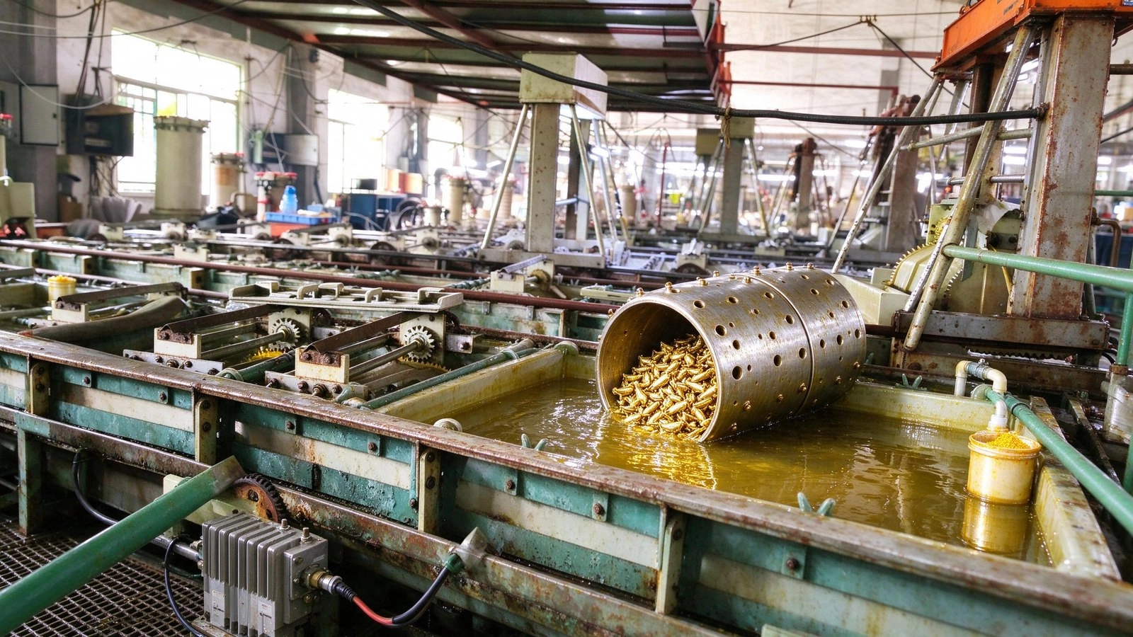 Barrel gold plating: 24K gold layer on zinc alloy parts in gold electrolyte